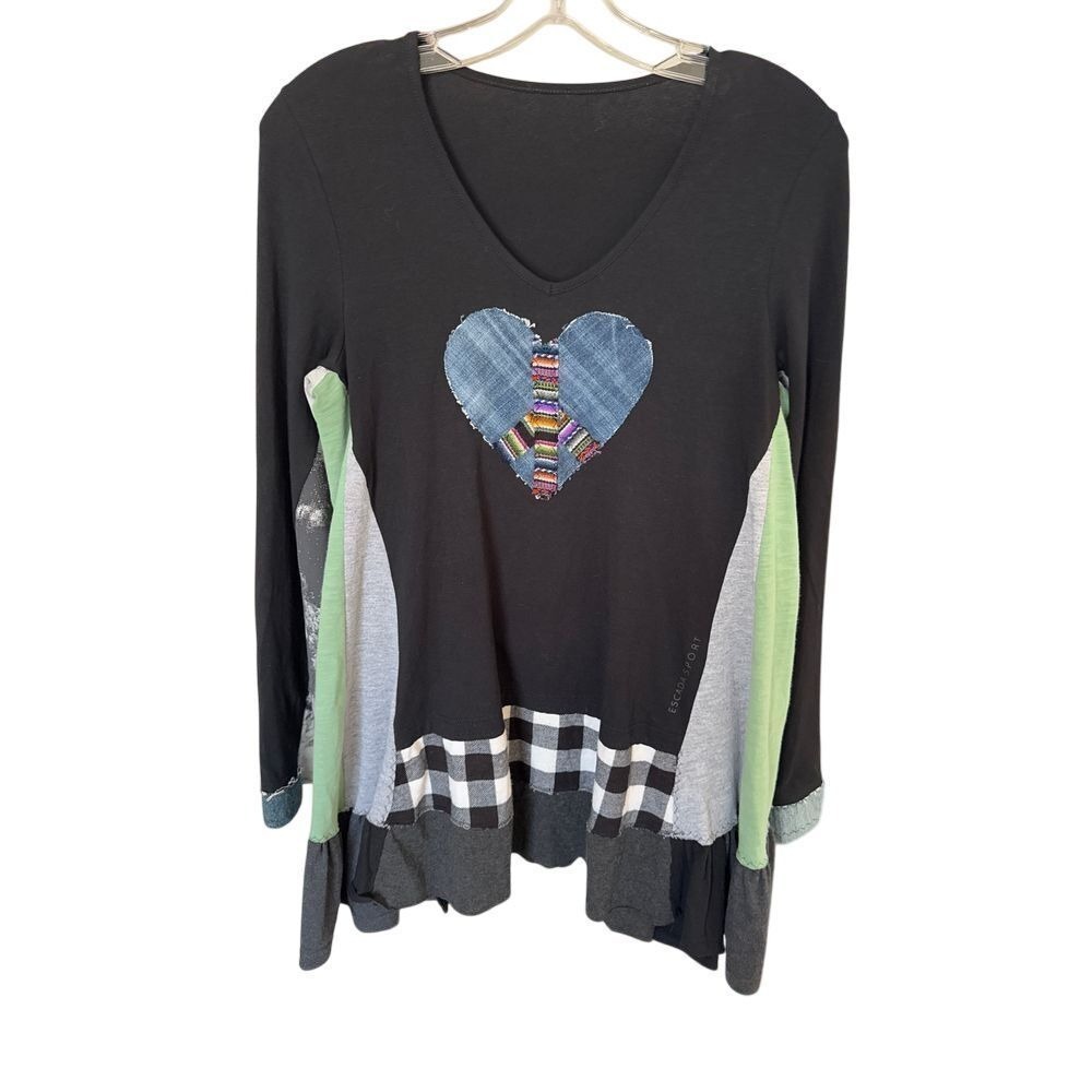 Escalating Sport patchwork‎ denim heart bell cuffs tunic size Small